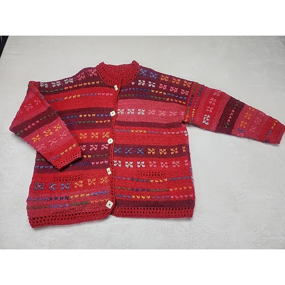 Vintage‎ Amano Floral Cardigan Sweater 100% Wool Hand Knitted Women's One Size